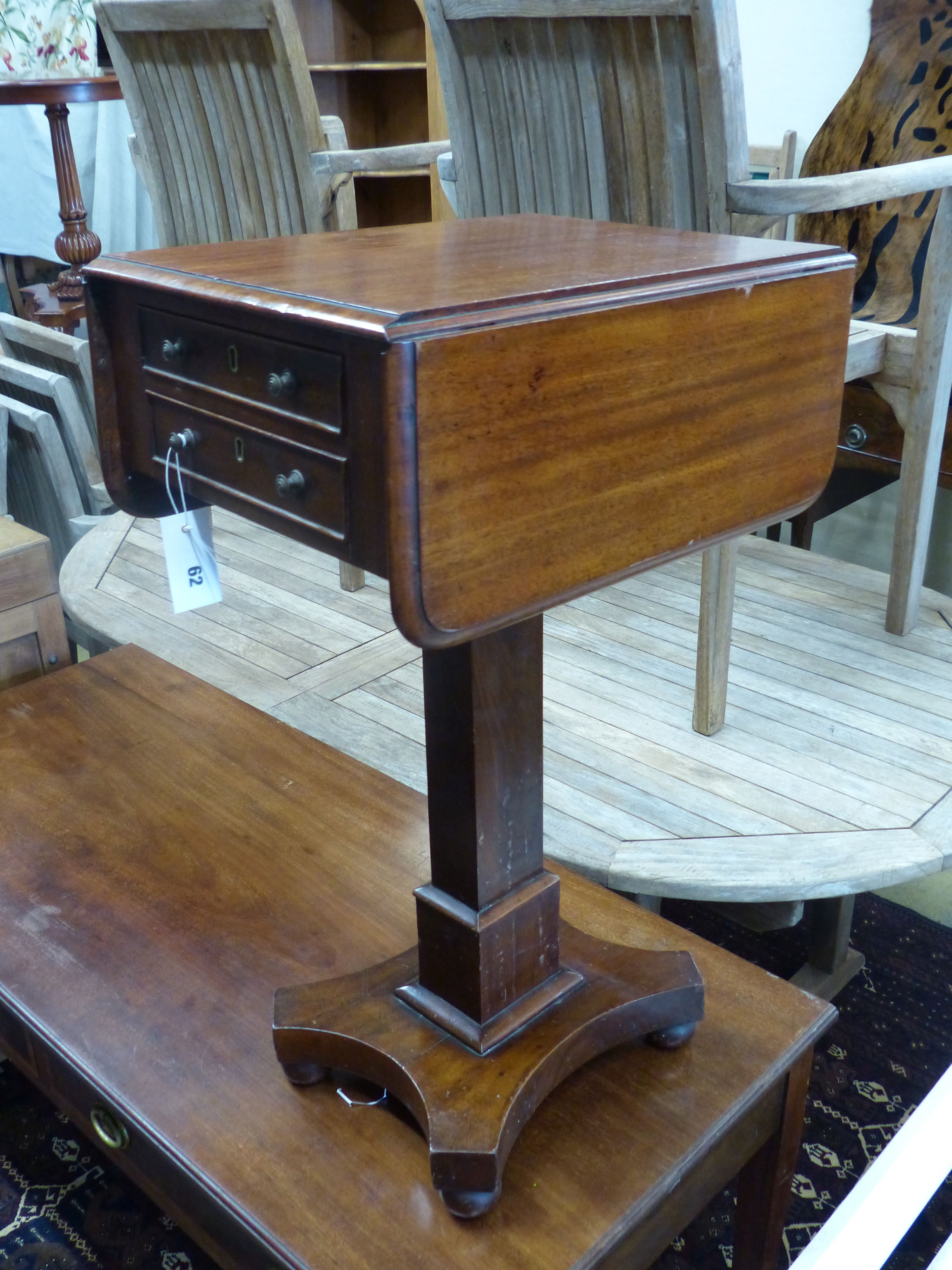 A Victorian drop flap work table, width 34cm, depth 44cm, height 72cm